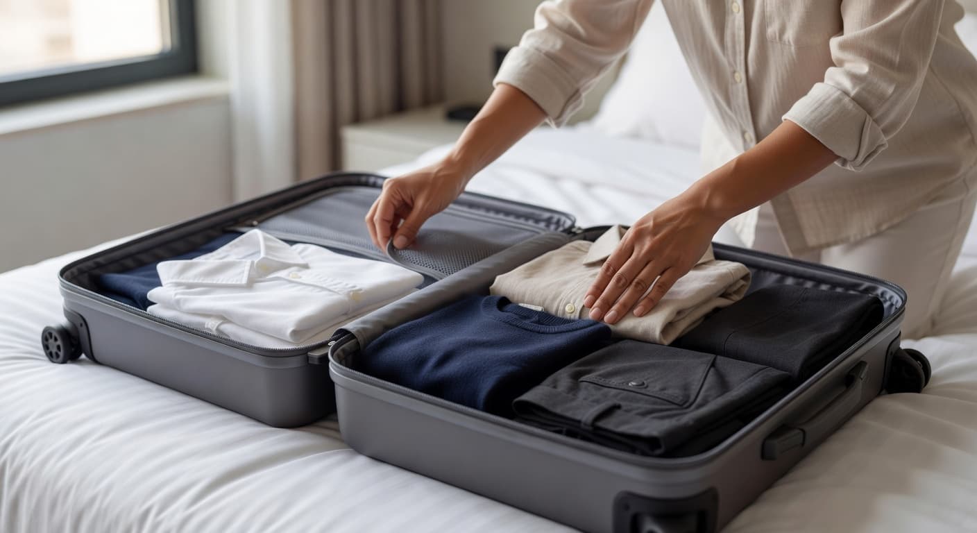 A pair of hands neatly arranges folded garments into a sleek carry-on suitcase inside a bright hotel room. The organized interior shows a clean, methodical approach to packing essential travel clothing.