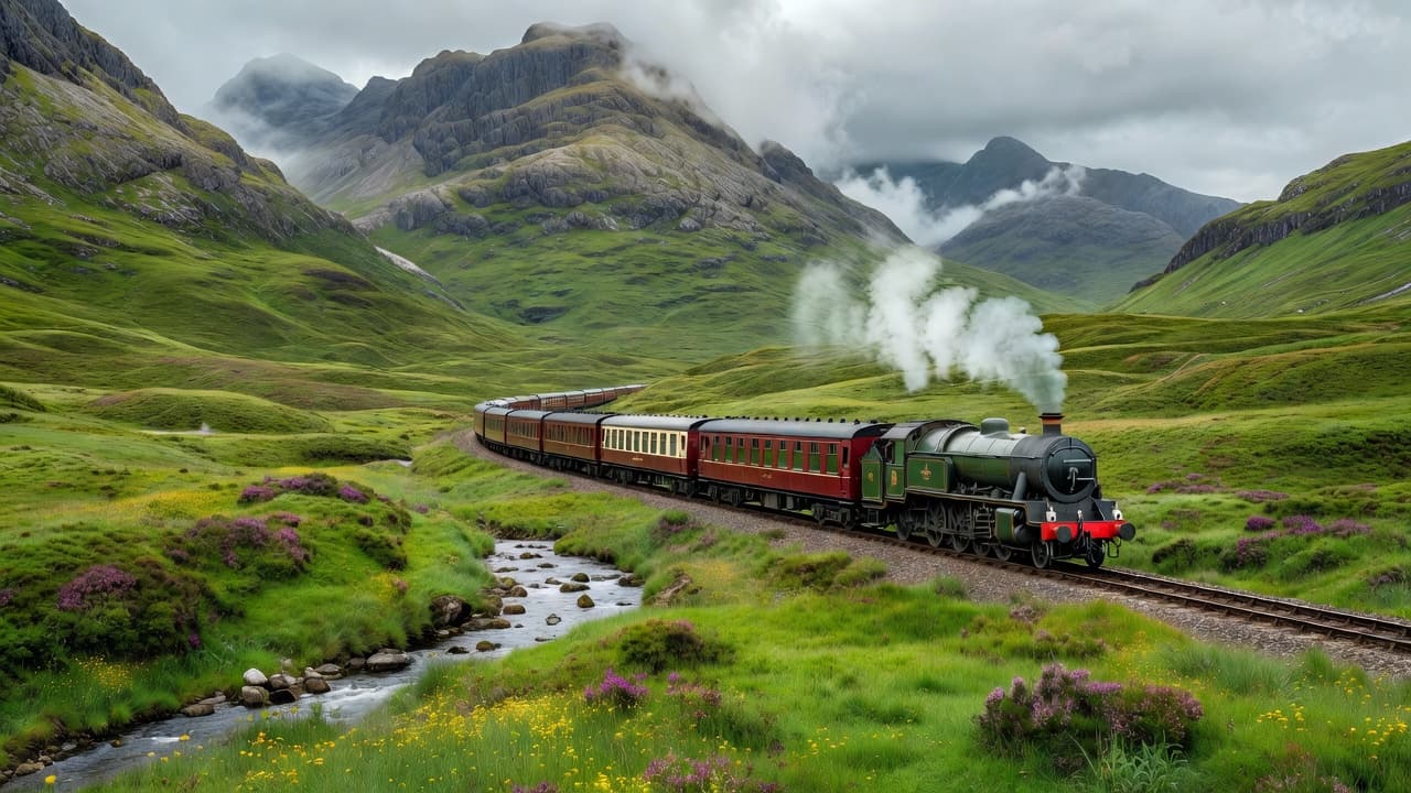 An old train traveling through a lush green valley surrounded by Scottish mountains.